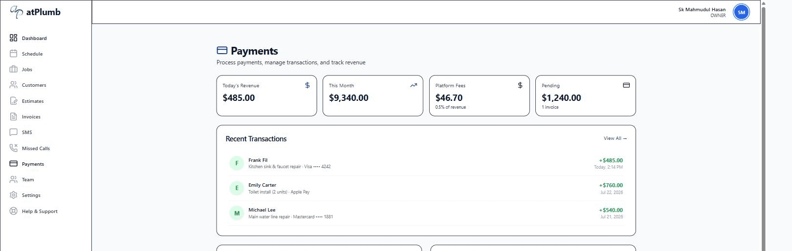 atPlumb on-site payment screen accepting a card payment from a phone